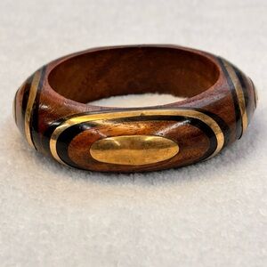 Vintage Chunky Wood & Brass Inlaid Tribal Bangle Bracelet Retro Statement
